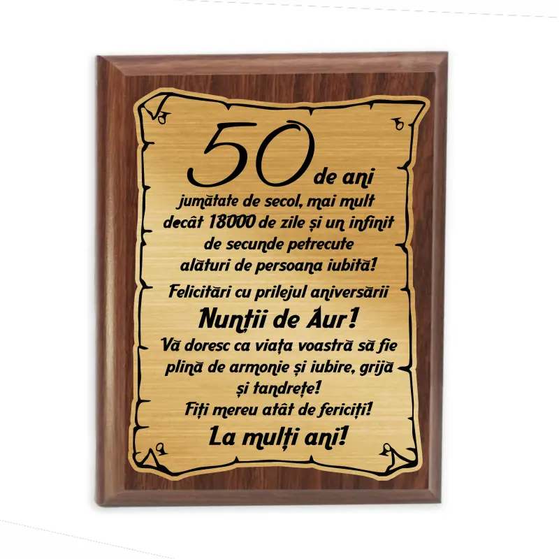 50 de ani jumatate de secol, placheta lemn personalizata prin gravura